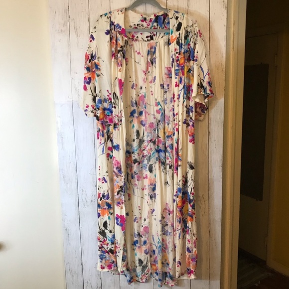 Umgee Women's Kimono Boho Watercolor Pink Floral Open-Front Duster Cardigan | S - Picture 2 of 12